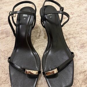 ZARA Black Strappy Square-Toe Sandals with Gold Accent